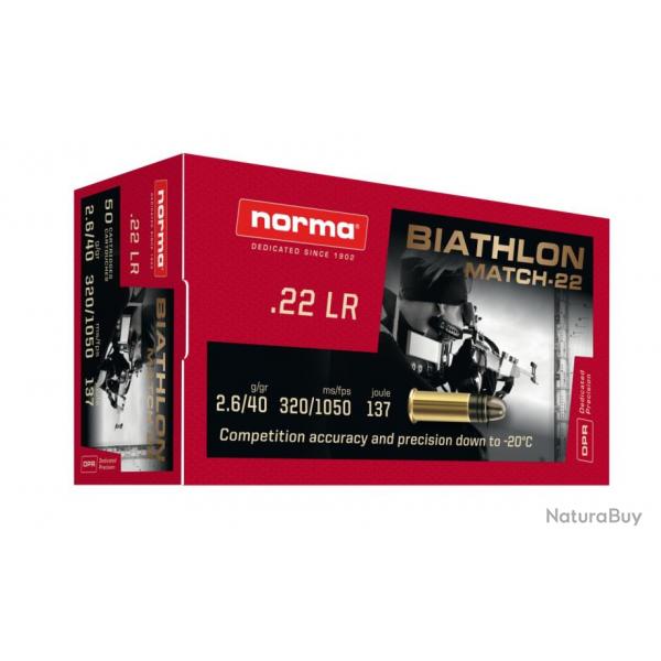 Cartouches Norma 22LR 2.6G/40GR BIATHLON MATCH-22 LRN Boite de 50