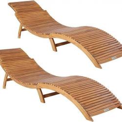 Lot de 2 Chaise Longue Bois Acacia Chaise Pliable Transat Poignée de Transport - Modèle Ergonomique