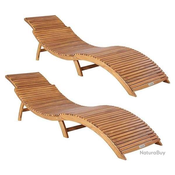 Lot de 2 Chaise Longue Bois Acacia - Chaise Pliable - Transat - Poigne de Transport