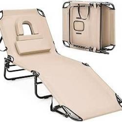 Chaise Longue Pliante Tissu Beige - Transat Inclinable - 5 Positions - Trou pour Visage