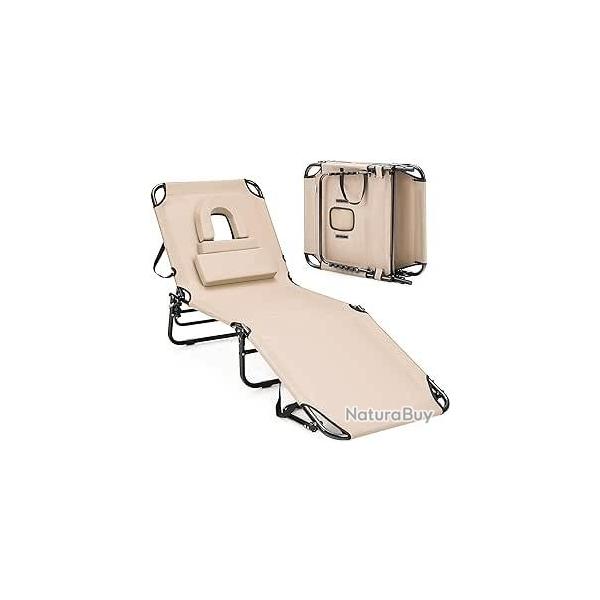 Chaise Longue Pliante Tissu Beige - Transat Inclinable - 5 Positions - Trou pour Visage