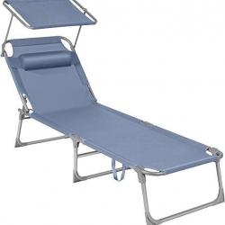 Chaise Longue Pliable - Transat - Dossier Inclinable - Pare-Soleil - Jardin Piscine Terrasse