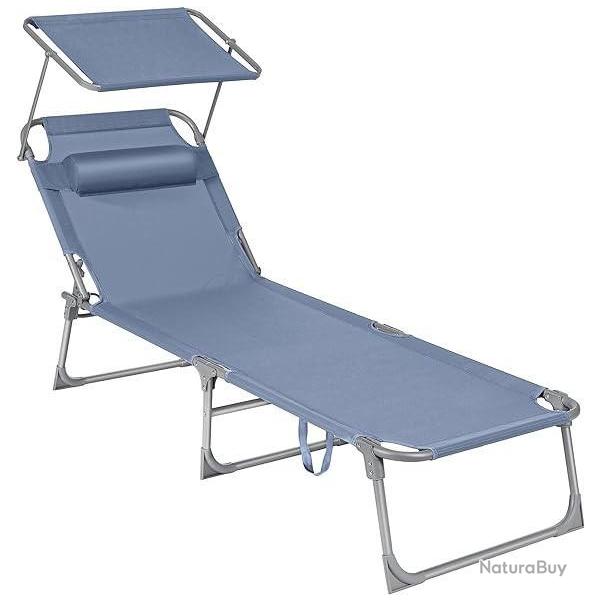 Chaise Longue Pliable - Transat - Dossier Inclinable - Pare-Soleil - Jardin Piscine Terrasse