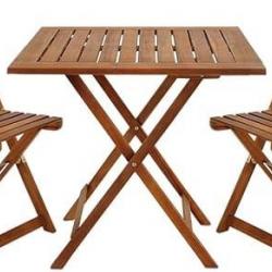 Ensemble Table à Manger Bois Acacia- 1 Table - 2 chaises Pliables - Extérieur Terrasse Jardin Balcon