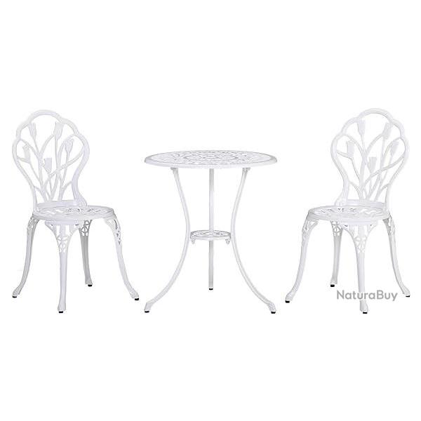 Salon Jardin Imitation Fer Forg Blanc - Chaises - Table Ronde Fonte d'Aluminium - Design
