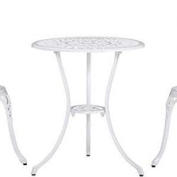 Salon de Jardin Imitation Fer Forgé Blanc - Chaises - Table Ronde Fonte d'Aluminium - Design