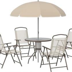 Ensemble Salon Jardin Acier Textilène Beige - Table Ronde - 4 Chaises Pliables - Parasol - Terrasse