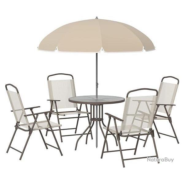 Ensemble Salon Jardin Acier Textilne Beige - Table Ronde - 4 Chaises Pliables - Parasol - Terrasse