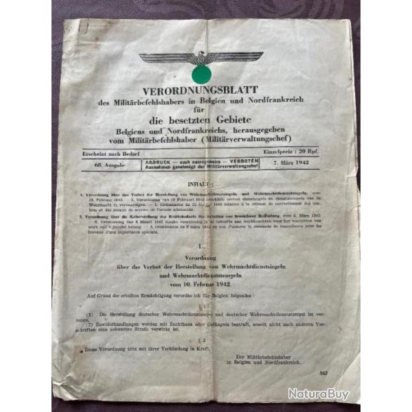 WW2 ordonnance allemande Belgique et Nord-France7 mars 1942 (original)