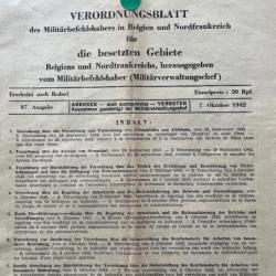 WW2 ordonnance allemande Belgique et Nord-France 7 octobre 1942 (original)