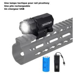 Lampe tactique strobo pour rail picatiny avec pile rechargeable et chargeur USB