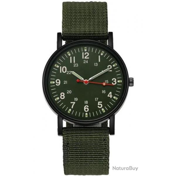 Montre Plate Gemius Arme Militaire Style Aviateur Sport Bracelet Tissu Vert Cadran Fond Vert