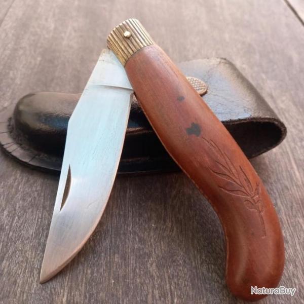Ancien et Gros Couteau de Berger Provenale Manche en Bois avec tui en cuir