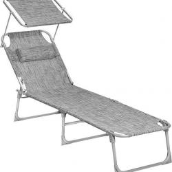 Chaise Longue Pliable Gris Clair - Transat - Dossier Inclinable - Pare-soleil - Jardin Piscine