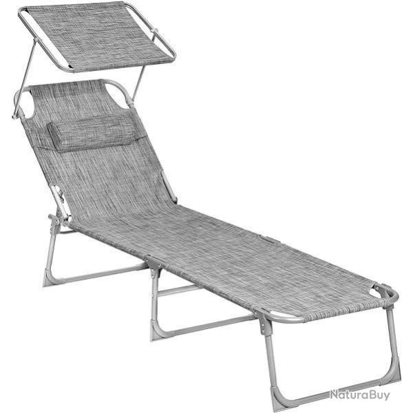 Chaise Longue Pliable Gris Clair - Transat - Dossier Inclinable - Pare-soleil - Jardin Piscine
