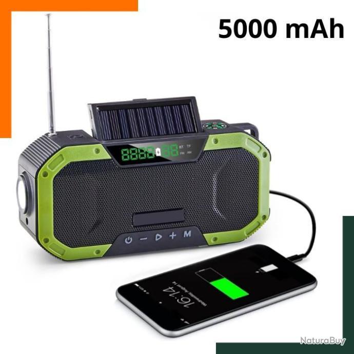 Radio D'Urgence Solaire/Manivelle 5000 MAh - Bluetooth, IP65, NOAA, Lampe Torche, Power Bank
