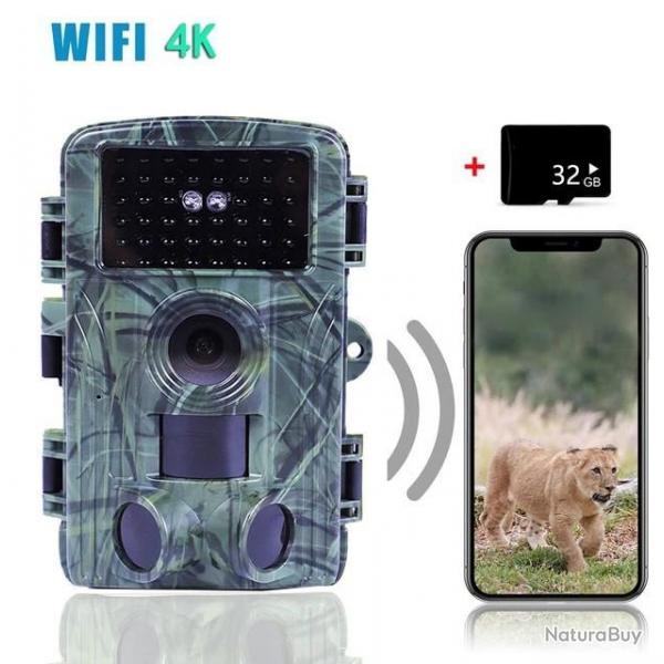 Camra de chasse extrieure tanche via WIFI et Bluetooth IP66 60MP, 1600, 4K + SD 32 GB