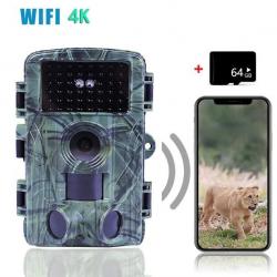 Caméra de chasse extérieure étanche via WIFI et Bluetooth IP66 60MP, 1600, 4K + SD 64 GB