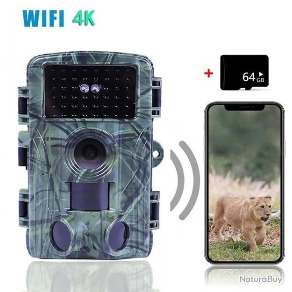 Camra de chasse extrieure tanche via WIFI et Bluetooth IP66 60MP, 1600, 4K + SD 64 GB