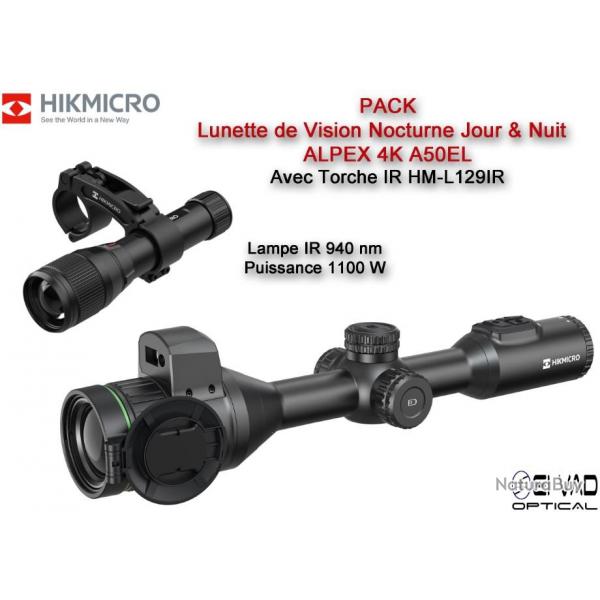 PACK Lunette HIKMICRO de Vision Nocturne ALPEX 4K A50EL - Tlmtre et Torche IR 1100 mW
