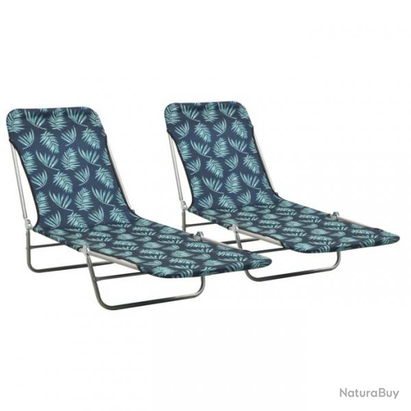 Chaises longues pliables 2 pices acier et tissu motif de feuilles 02_0011935