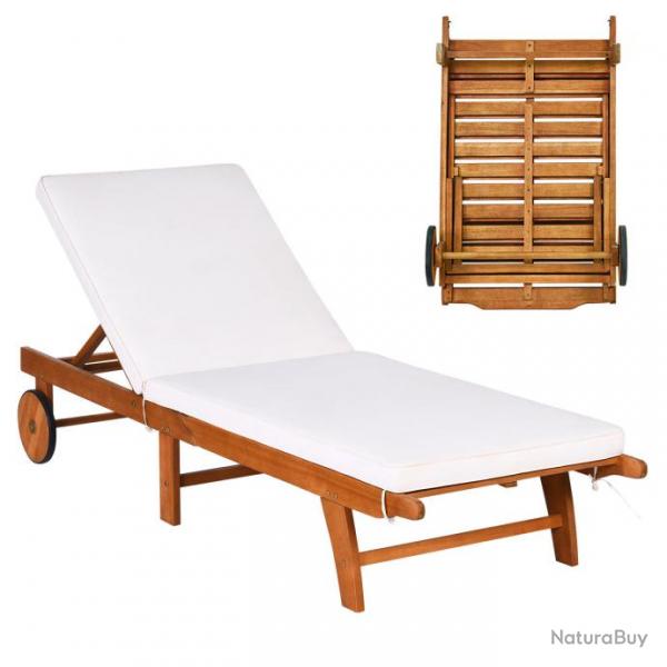 Chaise longue pliable en bois avec 2 roues et un coussin amovible dossier rglable capacit portant