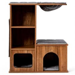 Arbre à chat avec 3 etagères en bois avec griffoirs et coussins niche centre d'activités charge 20