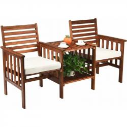 Lot de 2 Chaises avec Coussins - Table Bois - Trou pour Parasol 5cm - Ensemble de Meubles Extérieur