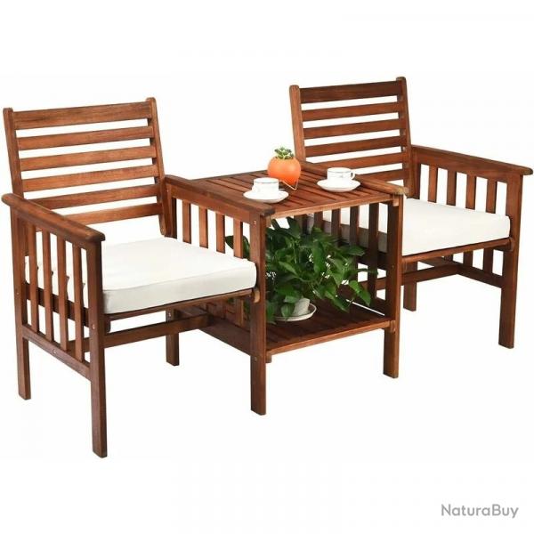 Lot de 2 Chaises avec Coussins - Table Bois - Trou pour Parasol 5cm - Ensemble de Meubles de Jardin