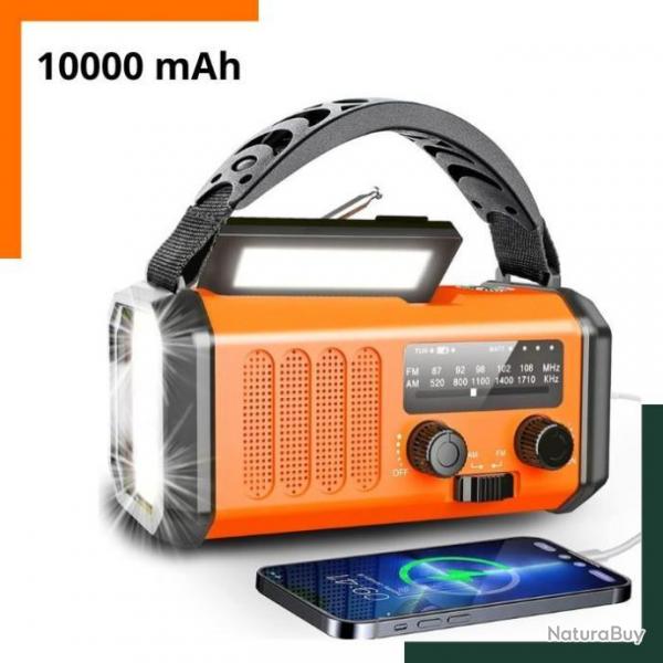 Radio d'urgence solaire 10000 mAh - 3 mthodes de chargement - Etanche - Orange - Livraison rapide