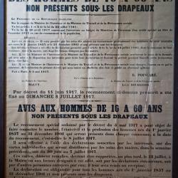 Affiche 1917 recensement des non présent sous les drapeaux