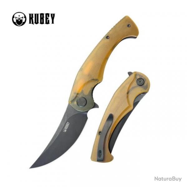 Couteau Kubey Scimitar Yellow Manche Ultem Lame Acier 14C28N Blackwash IKBS Linerlock Clip KUB173H -