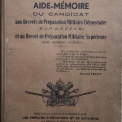 Livre Aide mémoire du candidat aux Brevets de préparation Militaire Elémentaire et Supérieur de 1936