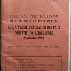 Notice technique de conduite et d'entretien de l'appareil d'épuration des eaux Mle 1957