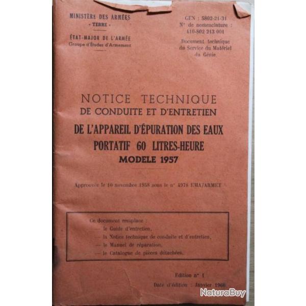 Notice technique de conduite et d'entretien de l'appareil d'puration des eaux Mle 1957
