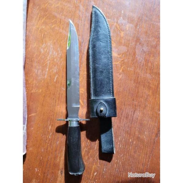 Dague artisanale Mongin lame 25 cm, avec manche en corne de buffle noir (rare) avec tui cuir noir