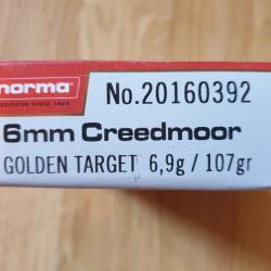 6mm Creedmoor cartouches marque Norma golden target 107gr - bte 20 pcs