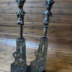 RARISSIME PAIRE DE GLAIVE / MACHETTE CÉRÉMONIEL EN BRONZE AFRIQUE PEUPLE YORUBA NIGERE XlX éme
