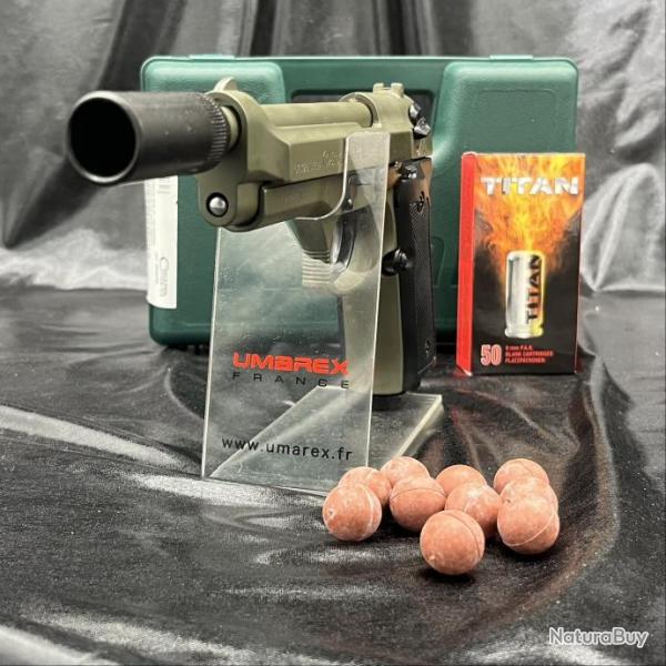 Pack prt  tirer Pistolet+Embout Self gomm+ Munitions - Kimar/Chiappa modle 92 OD green calibre 9m