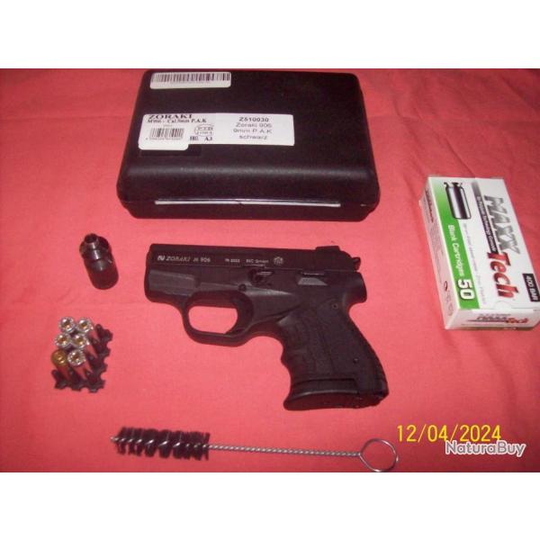 Pistolet d'alarme ZORAKI M 906 BLACK + une boite de 50 9m/m PAK  blanc