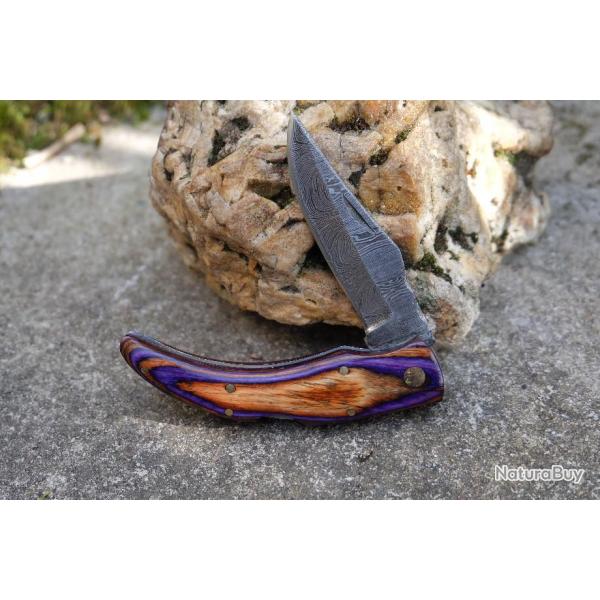 Couteau de Berger Faon Couteau Corse Lame Damas 128 Couches Manche Bois Purple Fabr Artisanale