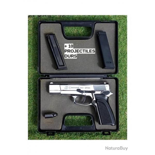 MAGNIFIQUE Pistolet BROWNING GP DA 8mm K de 1992 avec 2 CHARGEURS + 10 PROJECTILES + COUPELLE PYRO