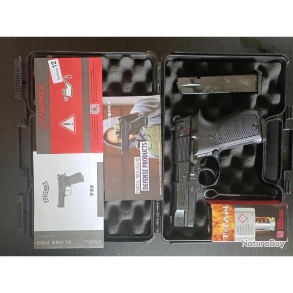 Pistolet Walther P88 Black - Cal 9mm PAK FULL METAL (+Malette/2 chargeurs/1 boite Titan/couvillon)