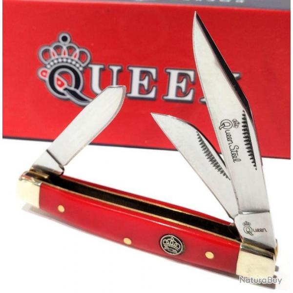 Couteau Queen Stockman Red Bone 3 Lames Acier 440C Manche OS Slip Joint QN26R