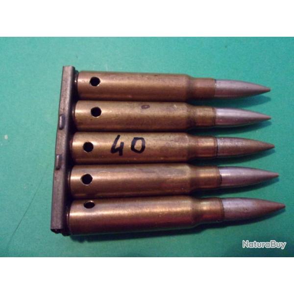 1 Clip avec 5 munitions 7,5 x54 MAS de 1940, tui laiton, balle blinde nickele, neutralise