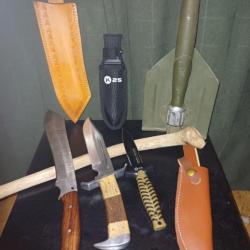 Lots : poignard K25 ,Couteau Damas , Couteau LLF , couteau morakniv companion  , machette , pelle US