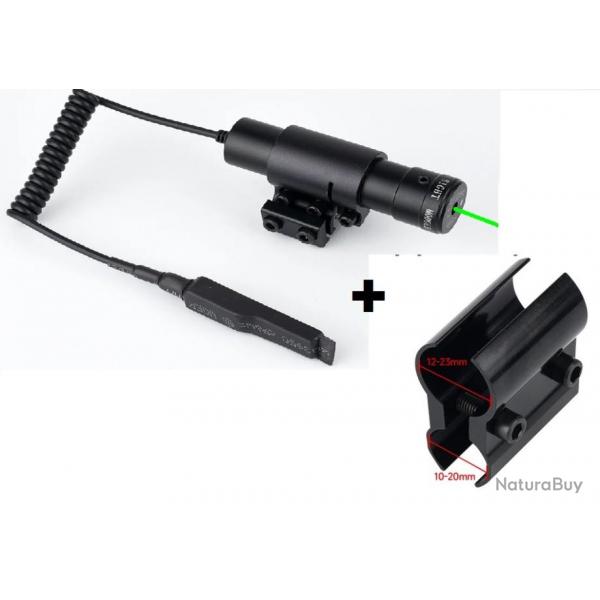 Laser tactique Vert avec fixation rail 11 et 22 mm + fixation canon + switch dport