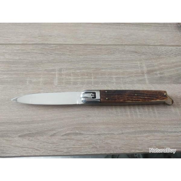 Couteau de chasse automatique Saint Etienne Manufrance manche bois de cerf lame inox