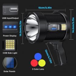 Projecteur LED Solaire Rechargeable, 900000 Lumens, Grande Lampe de Poche 3 mode de couleurs