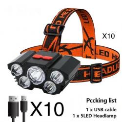 Lot revendeur x10 Lampe frontal rechargeable 5 led batterie intégrée ! Vendu en boîte